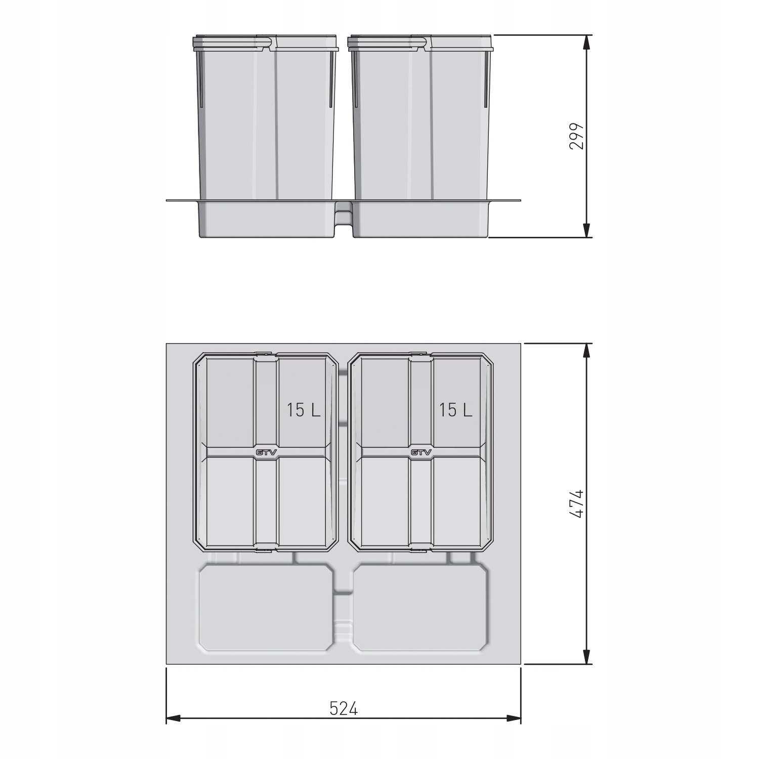 Kosz Segregator na śmieci AXISPACE 60 2x15L Wysokość produktu 30 cm