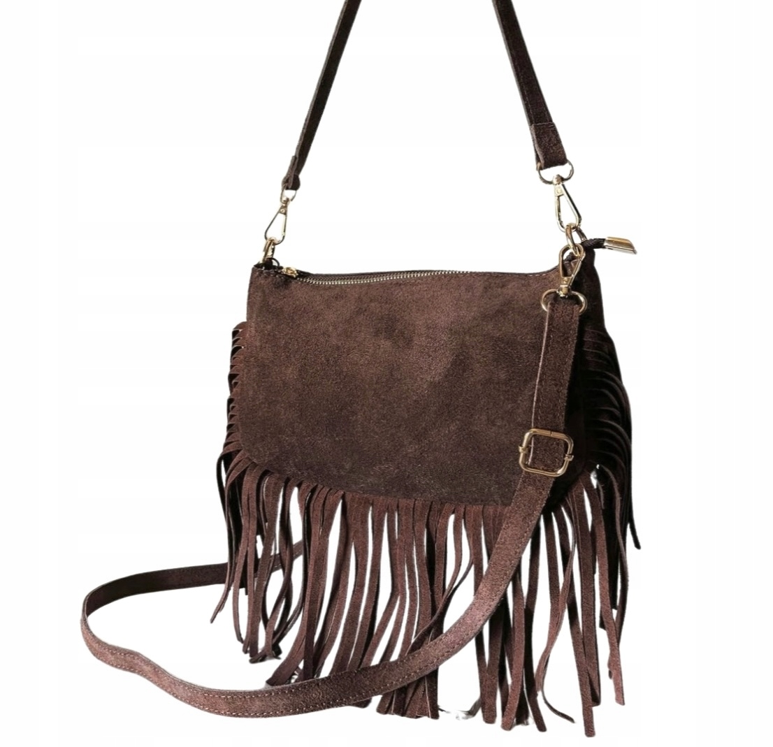 Czekoladowa torebka zamszowa listonoszka brązowa boho frędzle Vera Pelle