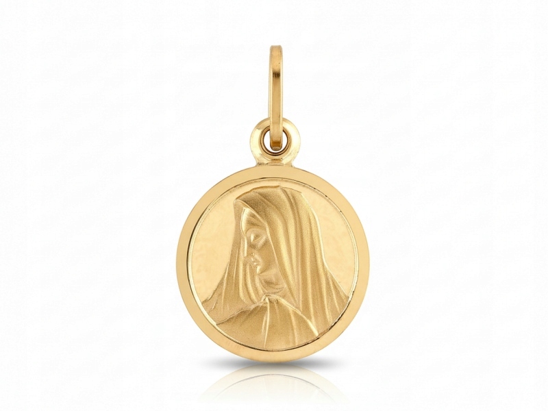 Jemný zlatý medailonek 585 kulatý s Pannou Marií 14kt Busta 0,82g