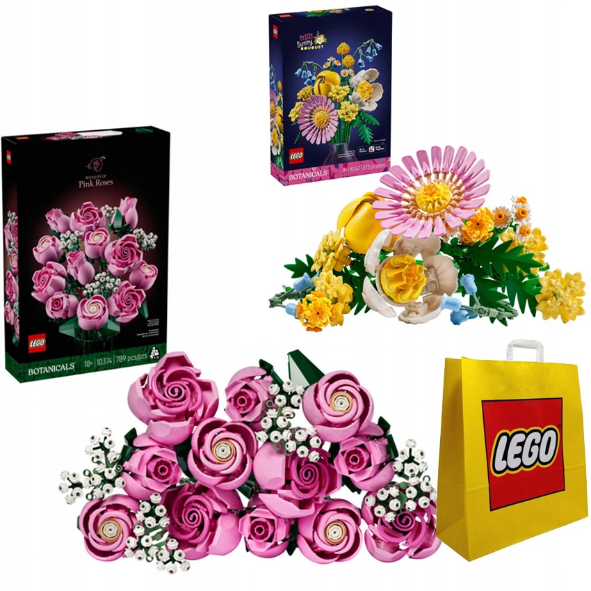 Lego 10347 kytice žlutých květů Lego 10374 Kytice růžových růží taška