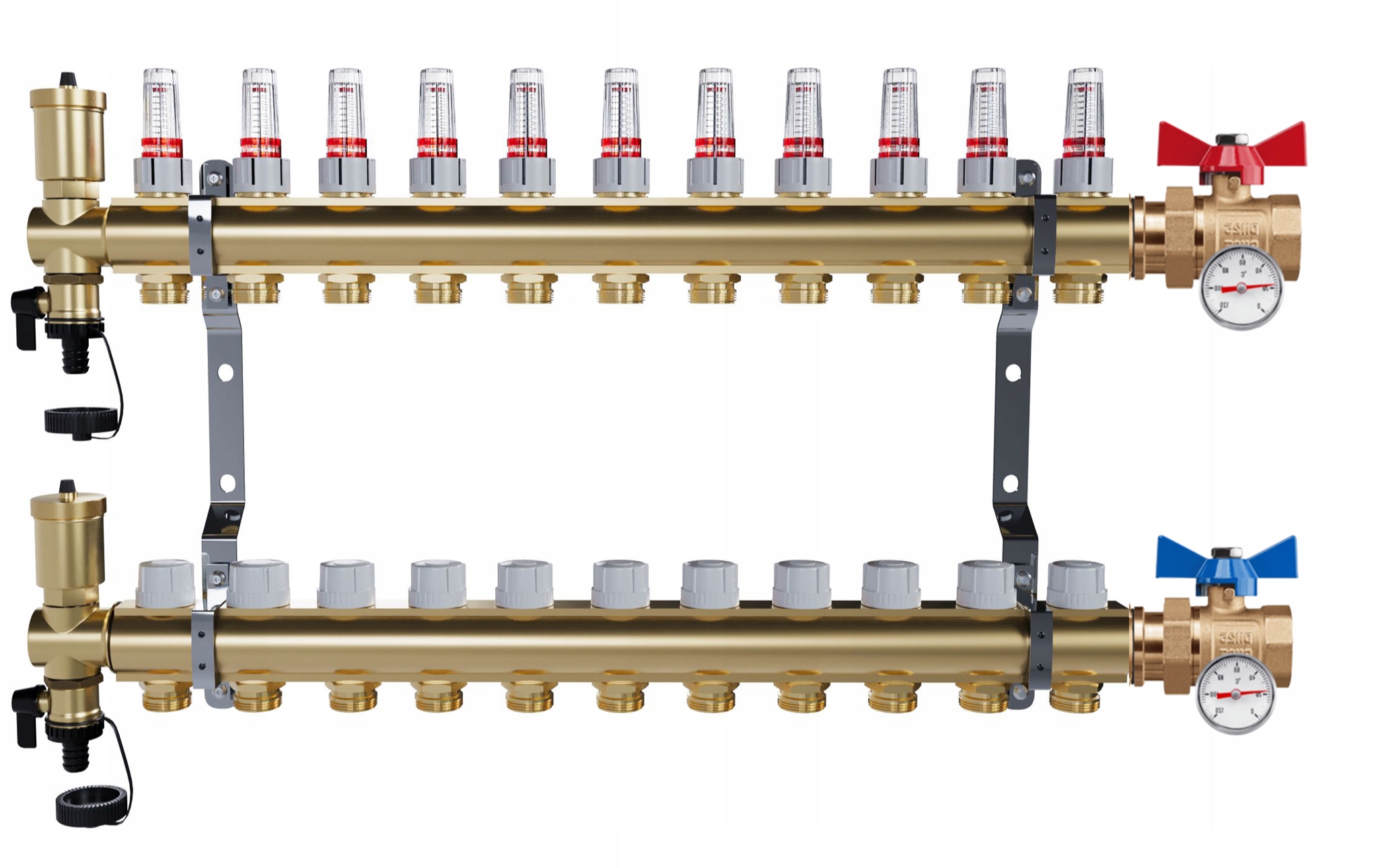 Rozdělovač Pro Podlahu 11 Okruhů Jednoduchý Kulový Ventil Teploměr