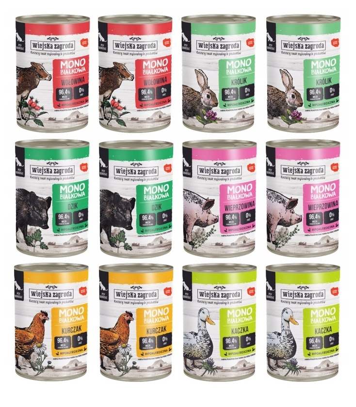 Wiejska Zagroda Karma mokra dla psa Monobiałkowa MIX Smaków 12x 400g