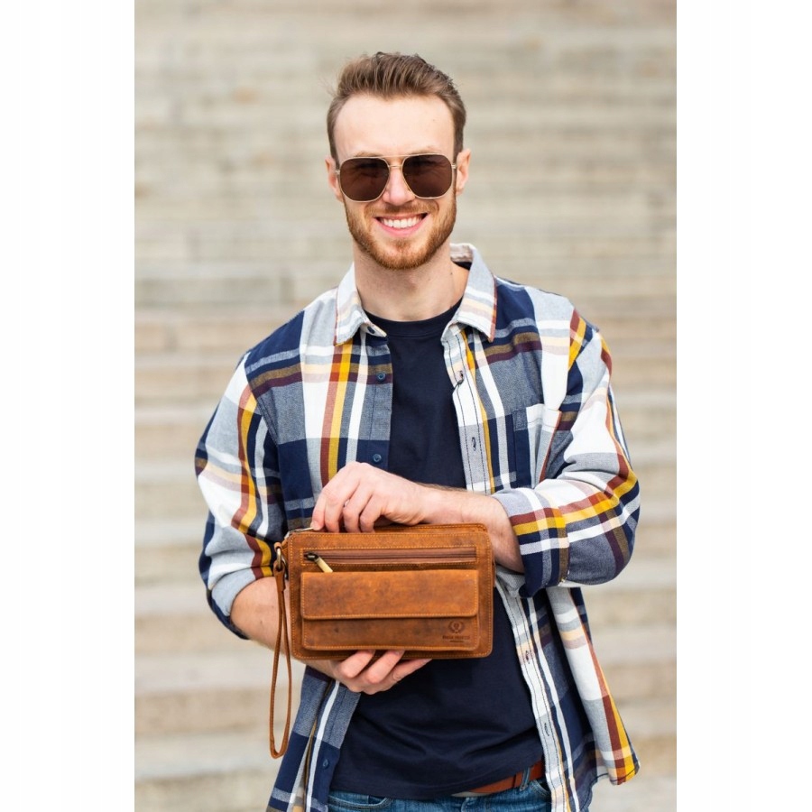 PRAKTYCZNA SKÓRZANA SASZETKA MĘSKA DO RĘKI BRĄZOWA Rodzaj do ręki