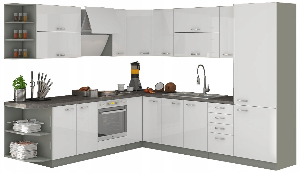 Kuchyňský nábytek Olga bílý Lesk 39 skříněk na výběr S Tlumením Dovírání 3 barvy