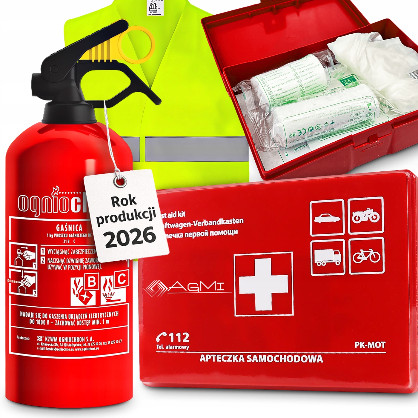 Gaśnica 1kg Samochodowa Apteczka Pierwszej Pomocy Kamizelka Odblaskowa