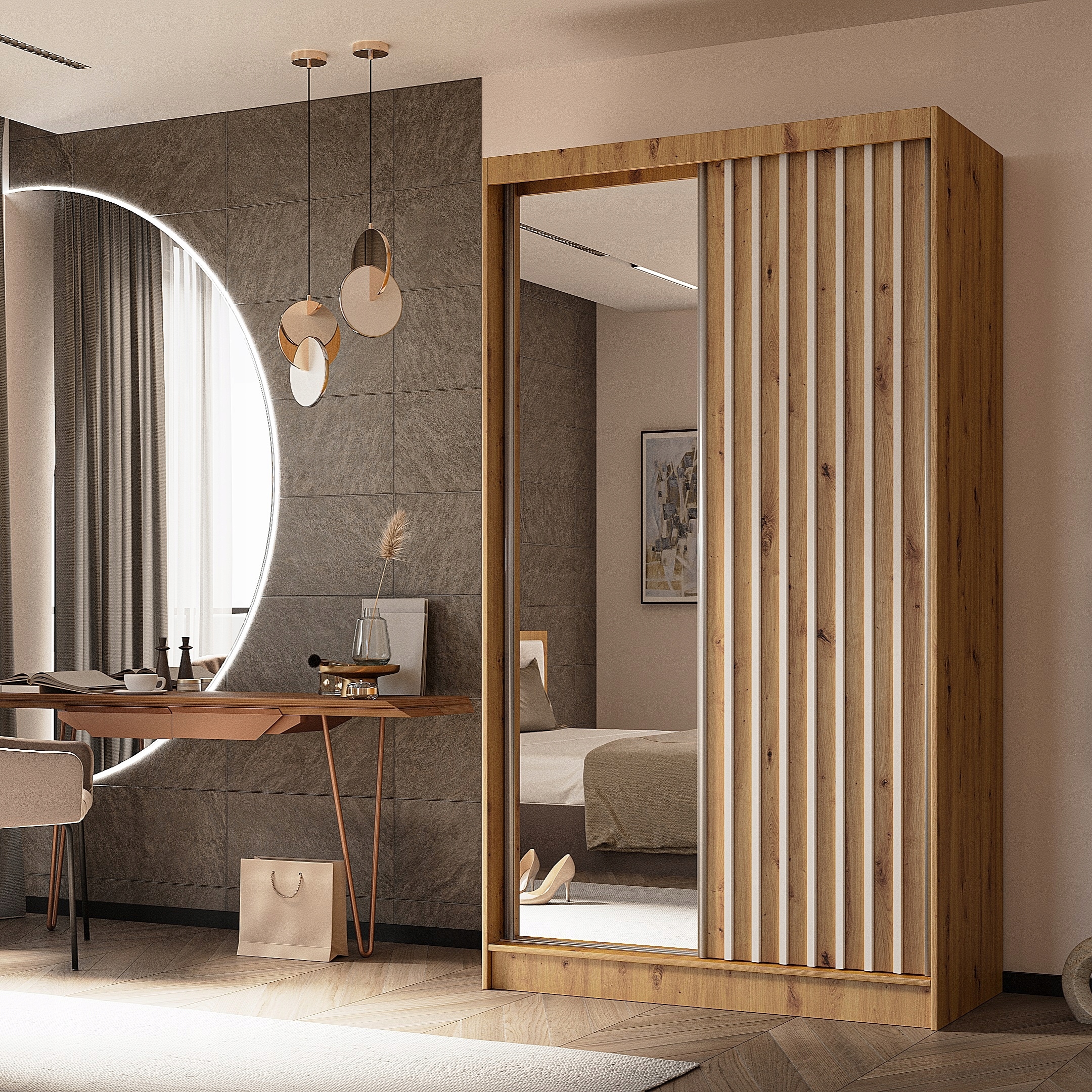 Skříň Lamello 120 cm Skříň se zrcadlem Posuvná dub artisan