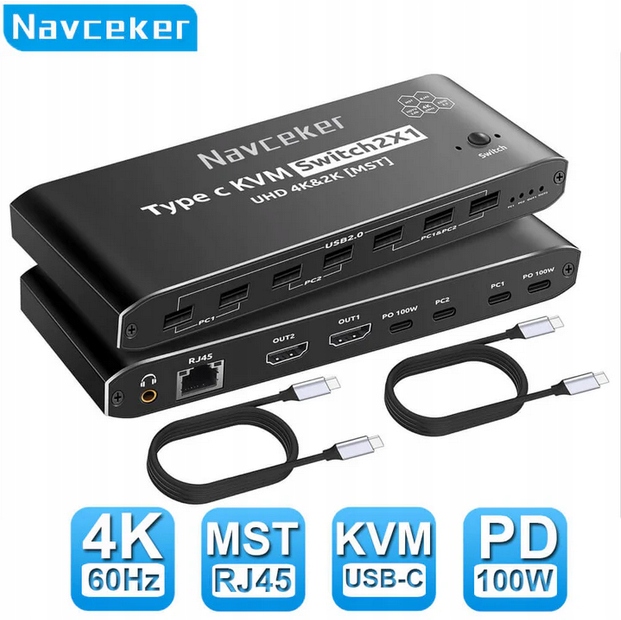 Přepínač Kvm 2x2 4K 60Hz 4 Usb C RJ45 Pd typ C pro 2 notebooky a 2 monitory