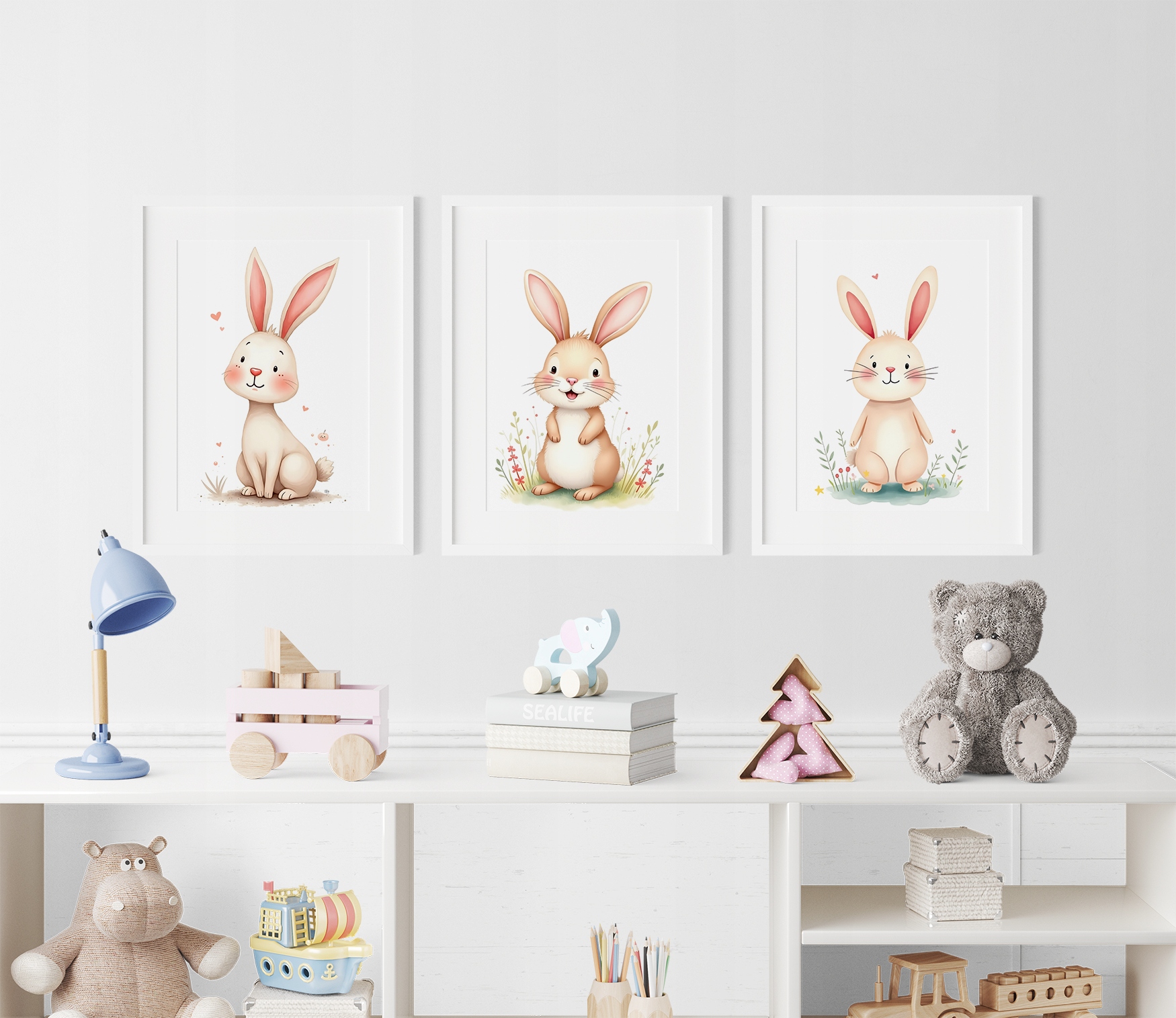 3 OBRAZKI DO POKOJU DZIECIĘCEGO A4 PLAKATY KRÓLICZKI ZAJĄCZKI PREZENT BOHO Stan opakowania oryginalne