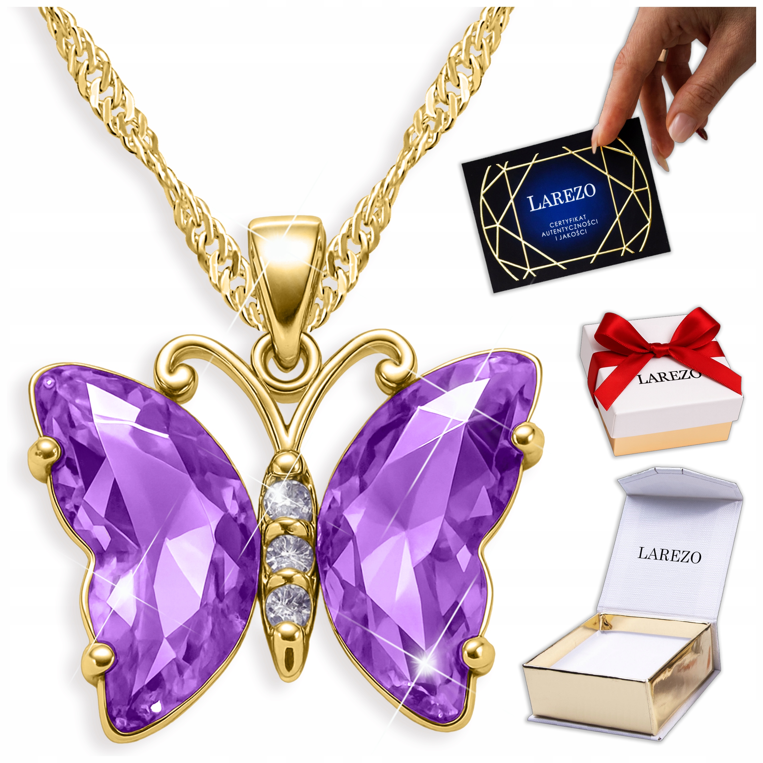 Zlatý Náhrdelník Motýlek 585 Lesklý Křišťálový Fialový Motýl Stříbro 925