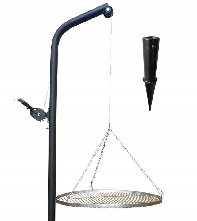 Grill ogrodowy na wysięgniku żuraw z rusztem nierdzewnym i uchwytem