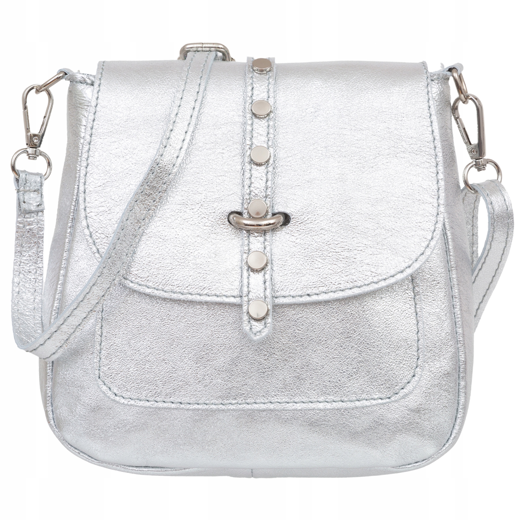 Vera Pelle torebka damska skórzana listonoszka z klapą i paskiem Srebrna