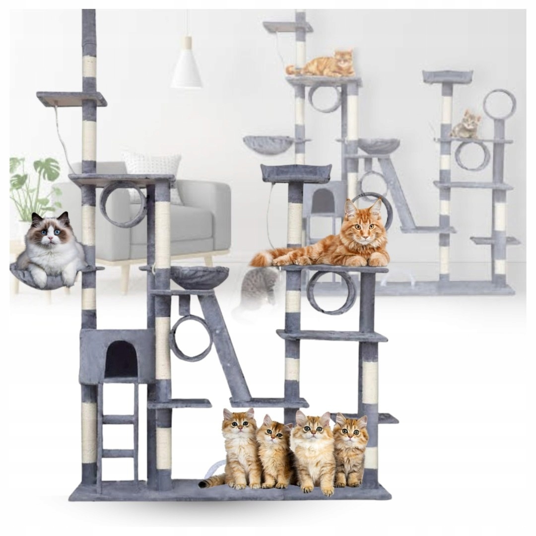 Levně Drapak Pro Kočky XXL Velký 255 cm Věž Houpací Síť Tuba Domeček Pelíšek Světle Šedý