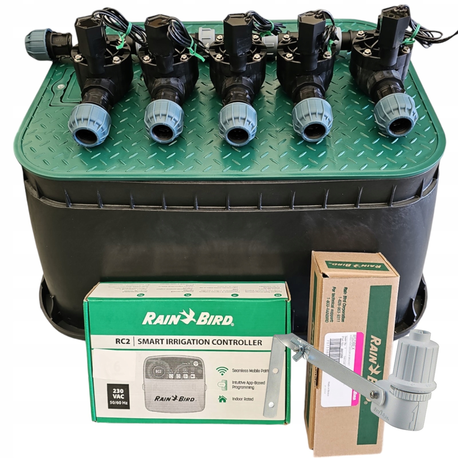 Zestaw Rain Bird Hv 5 sekcji Kolektor Sterownik RC2 z WiFi Czujnik Pe 25