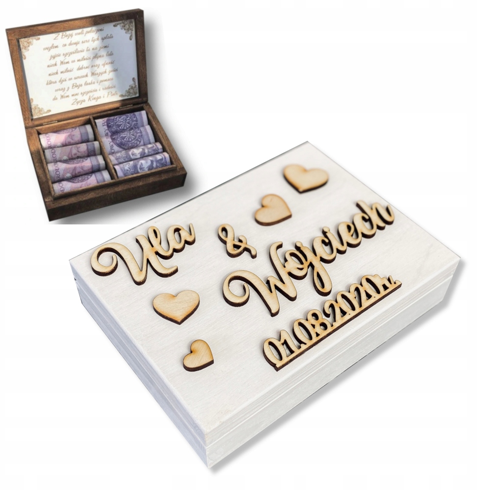 

Drewniane pudełko z życzeniami na pieniądze białe