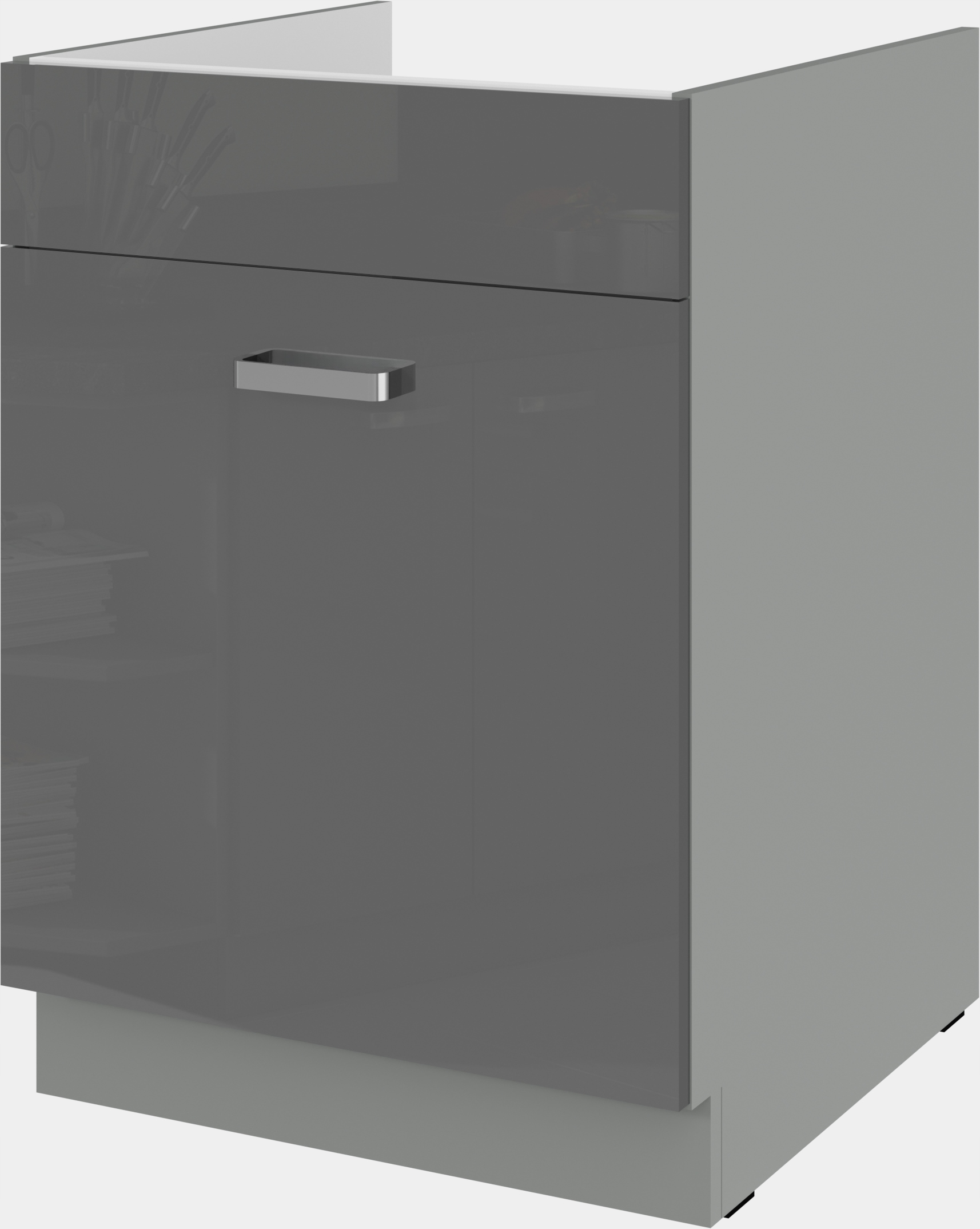 Kuchyňská skříňka stojící šedá s zásuvkou pod dřez šedá 60. Šedý lesk