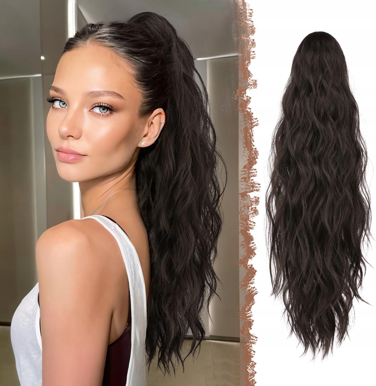 Feshfen Kucyk s přezkou, syntetické vlasy, vlnité, tmavě hnědé, 65 cm