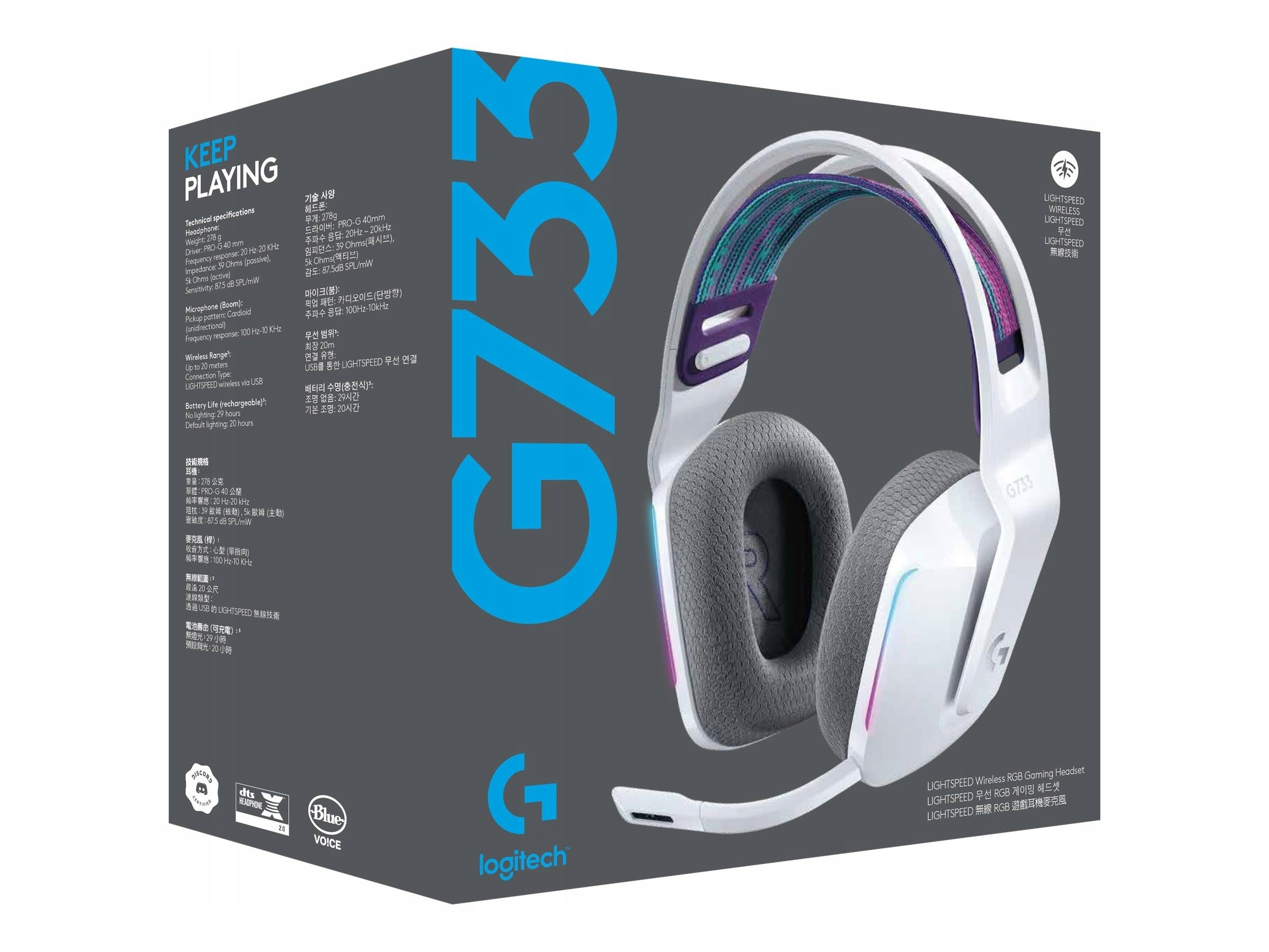 LOGITECH G733 LIGHTSPEED Bezprzewodowy Zestaw Słuchawkowy RGB 29h Biały — miniatura 9