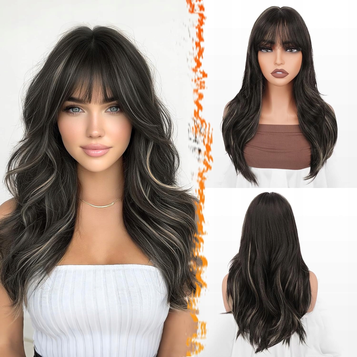 Syntetická paruka s rovnou ofinou, dlouhá, velmi tmavě hnědá 50 cm, vlny