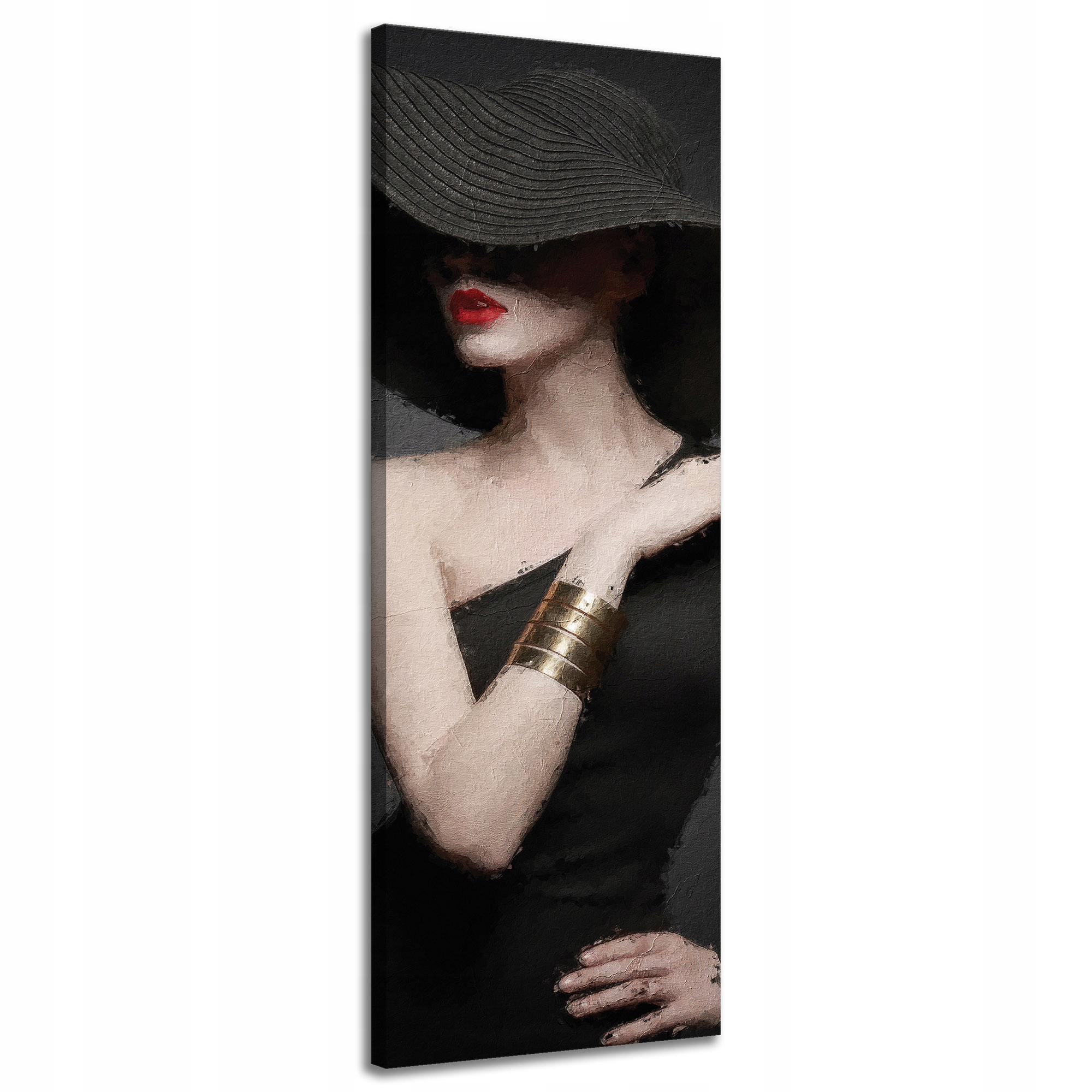 Obraz na plátně Elegantní žena Černý klobouk Červené rty 40x120 cm