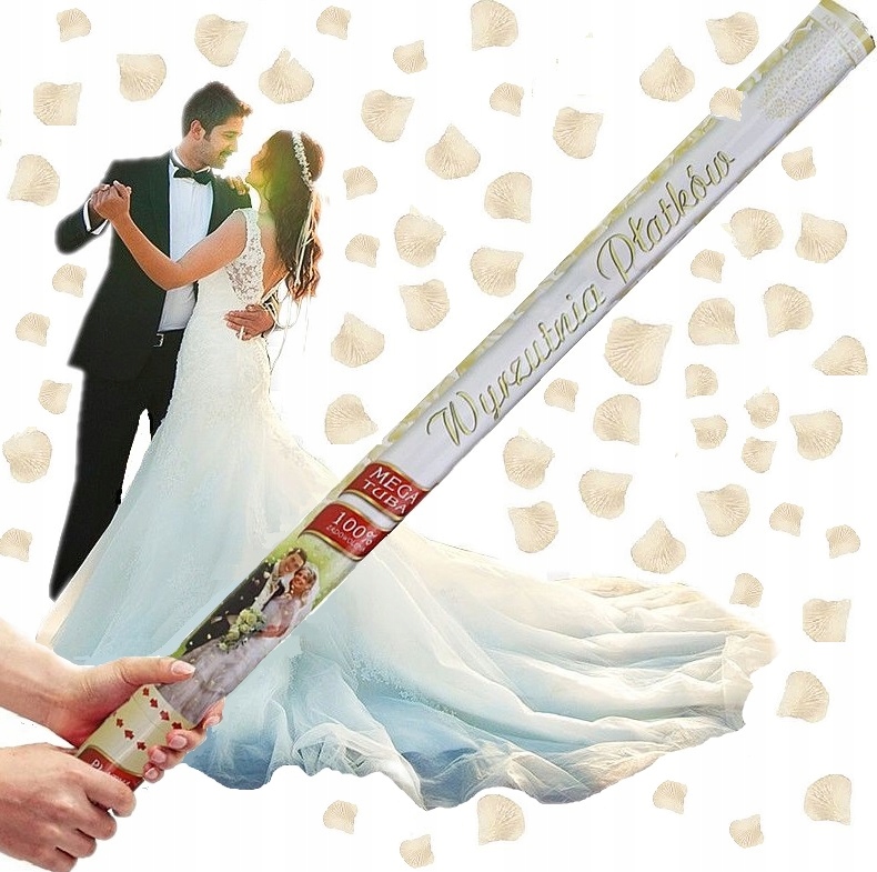 KONFETTI XXL TUBA WYRZUTNIA ŚLUB 80cm PŁATKI ECRU