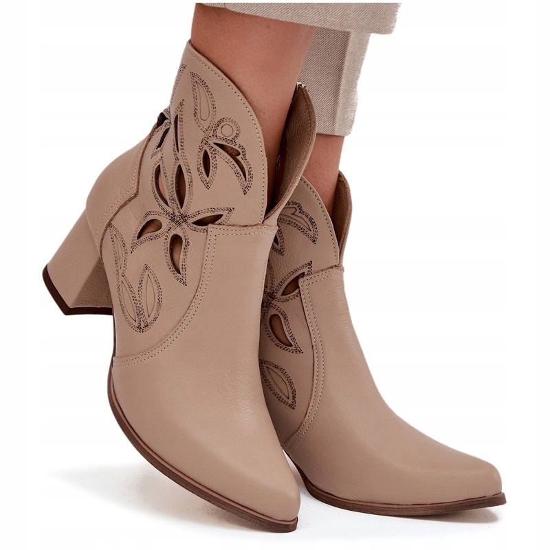 Dámské Kotníkové Boty Ažurové Z Přírodní Kůže Sloupek Zazoo 3647 Světle Béžové 35