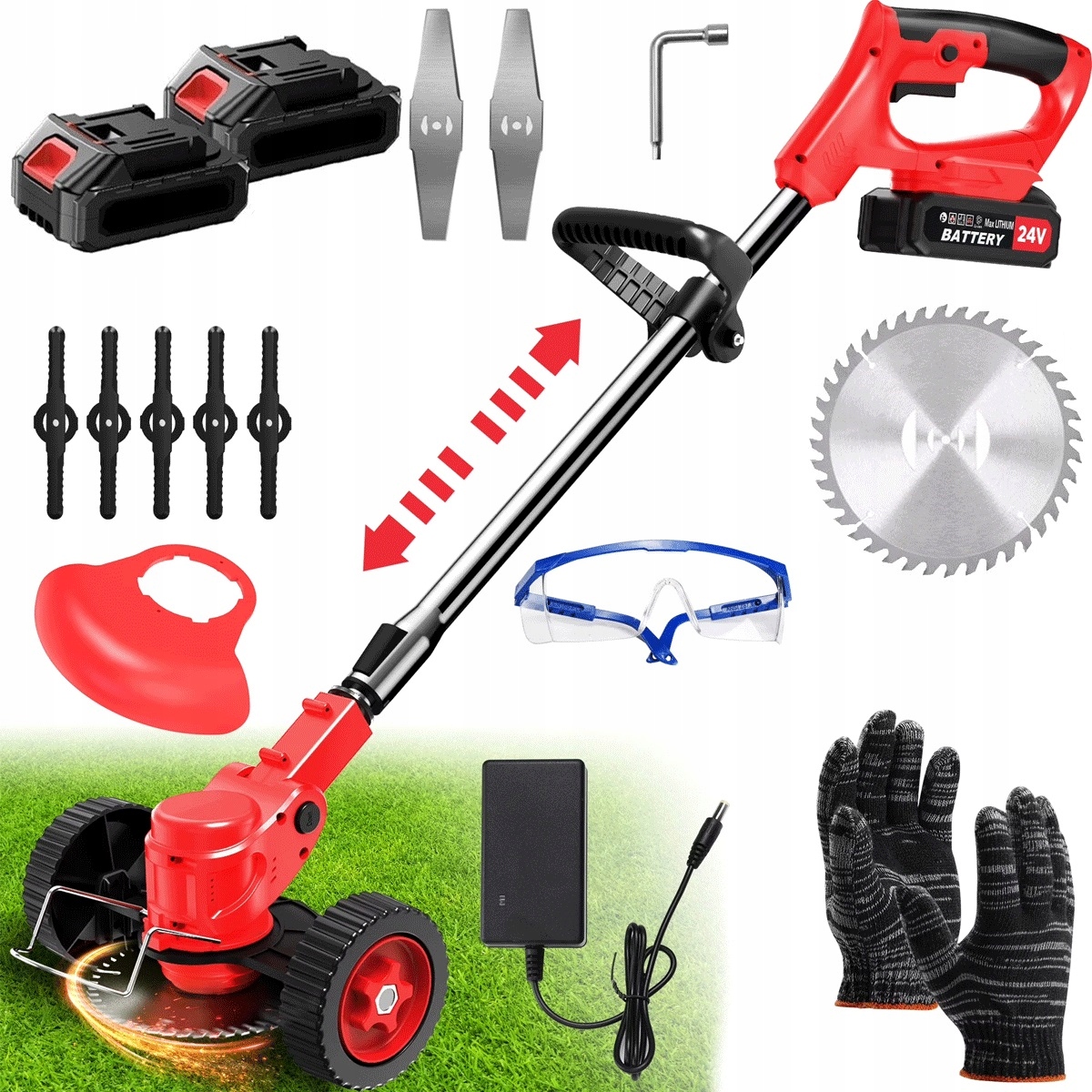 Akumulátorová sekačka 850 W se 3 čepelemi a nastavitelným úhlem hlavy 0-60°