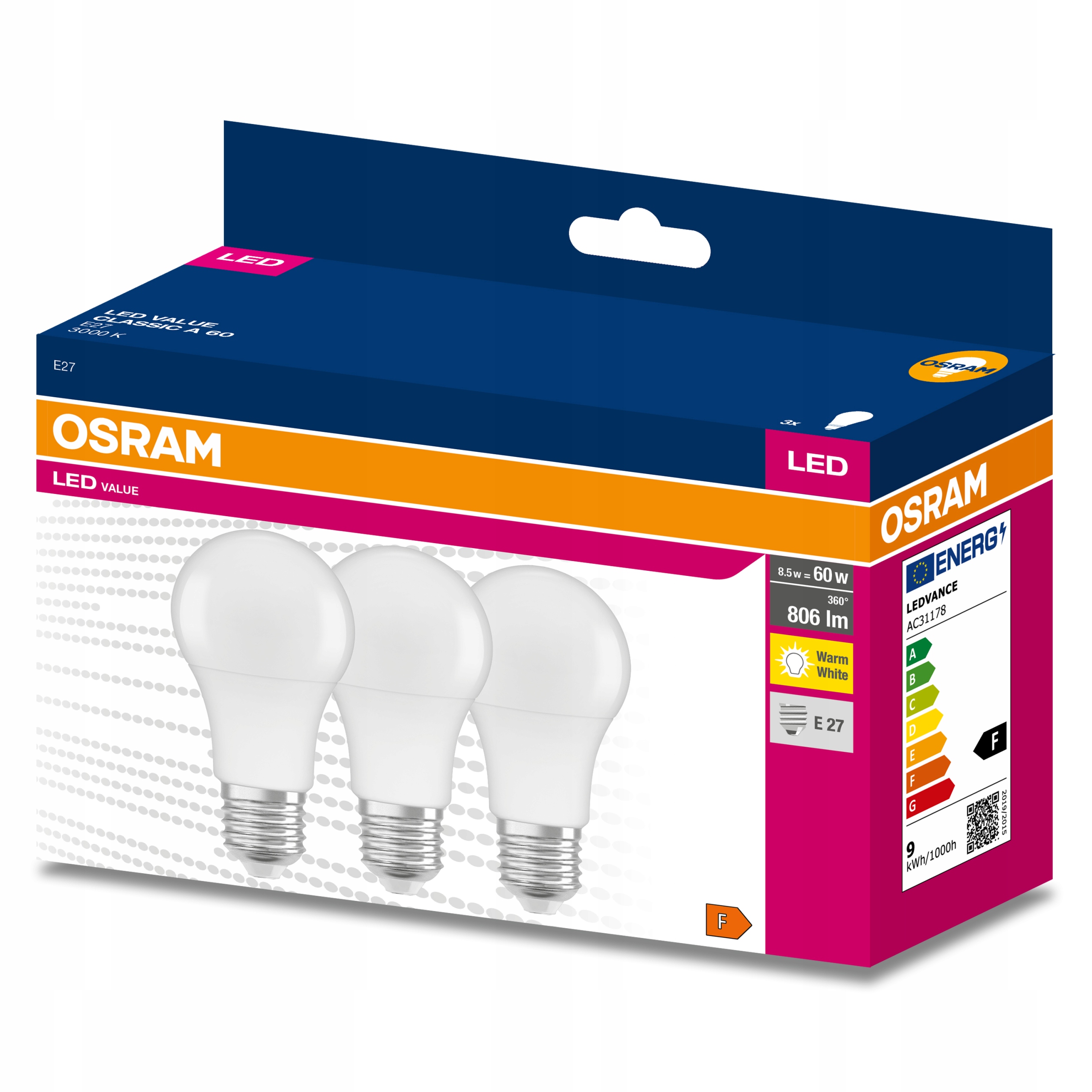 

3x Żarówka Led E27 A60 8,5W 60W 806lm 3000K Osram