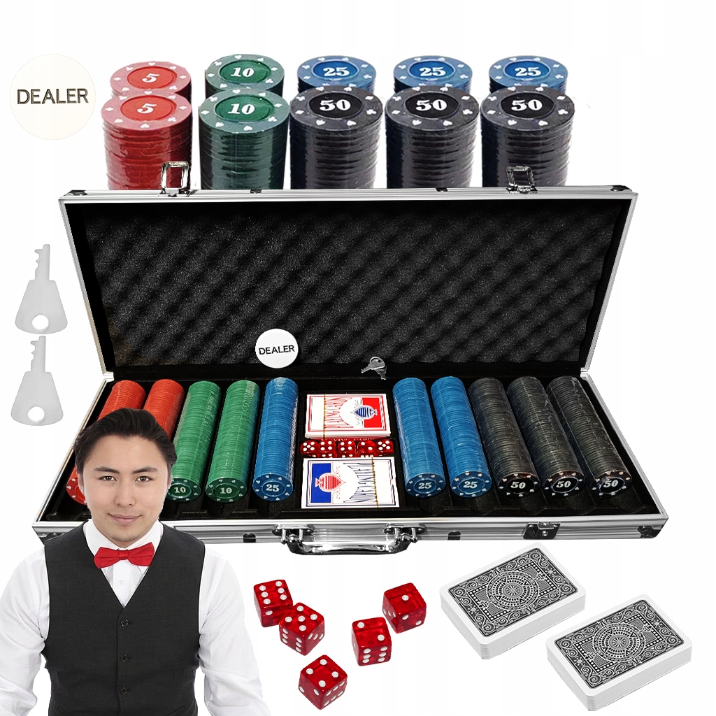 DUŻY ZESTAW DO POKERA GRA 500 ŻETONÓW + 2 TALIE 5 KOŚCI TEXAS W WALIZCE HQ