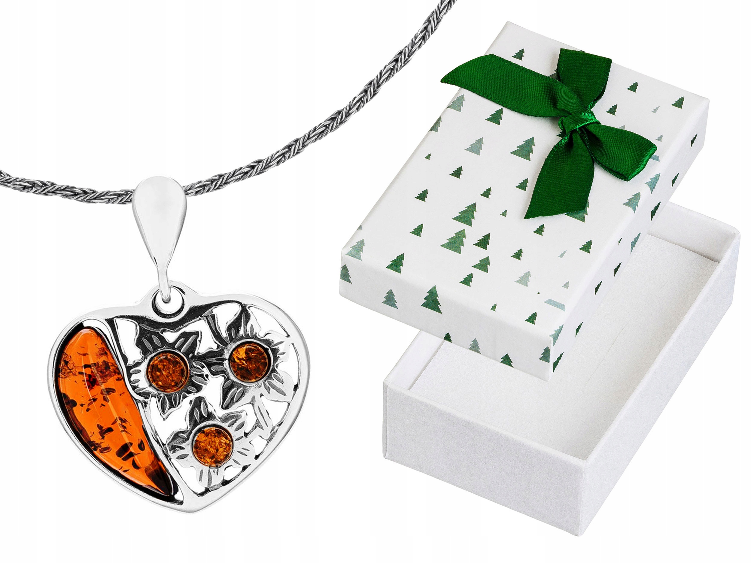 Krátký Stříbrný Dámský Prolamovaný Náhrdelník Srdce s Jantarem Květiny Choker 35