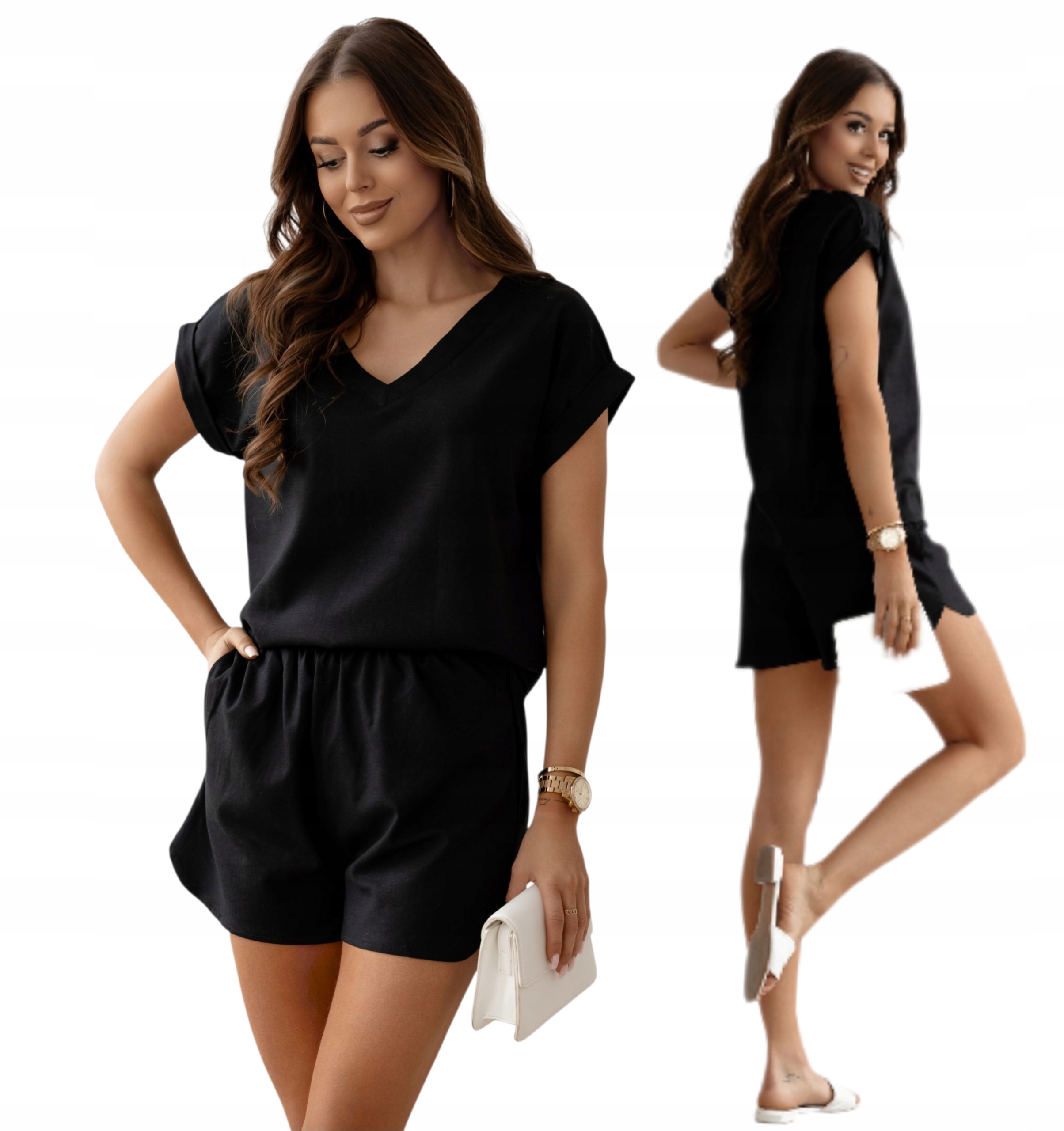 Lněný Komplet V Sýru Kraťasy Tričko Krátký Rukáv vel. M 38 Černá Pl