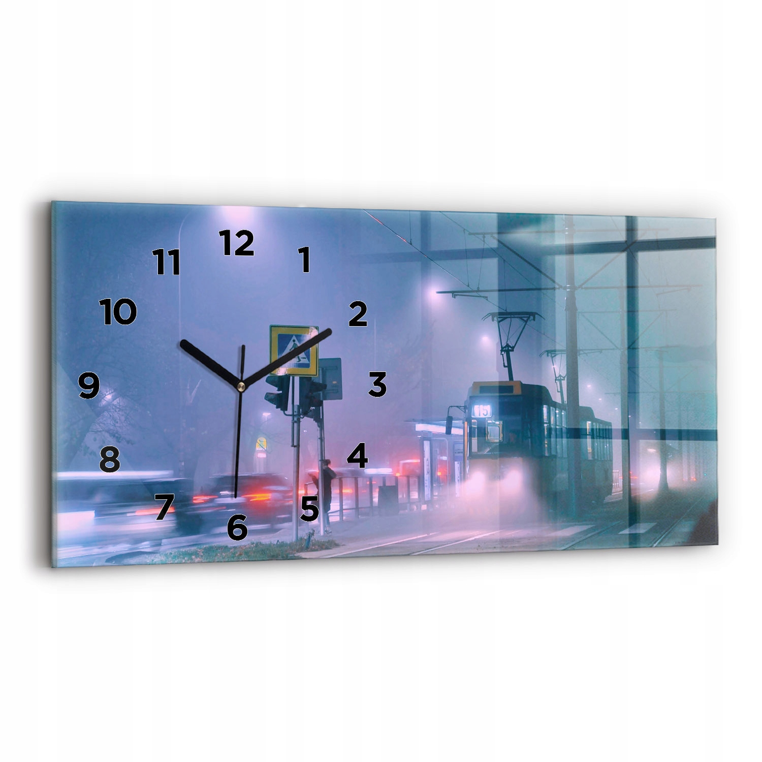 Moderní skleněný nástěnný hodinový stroj 60 x 30 cm Varšava v mlze