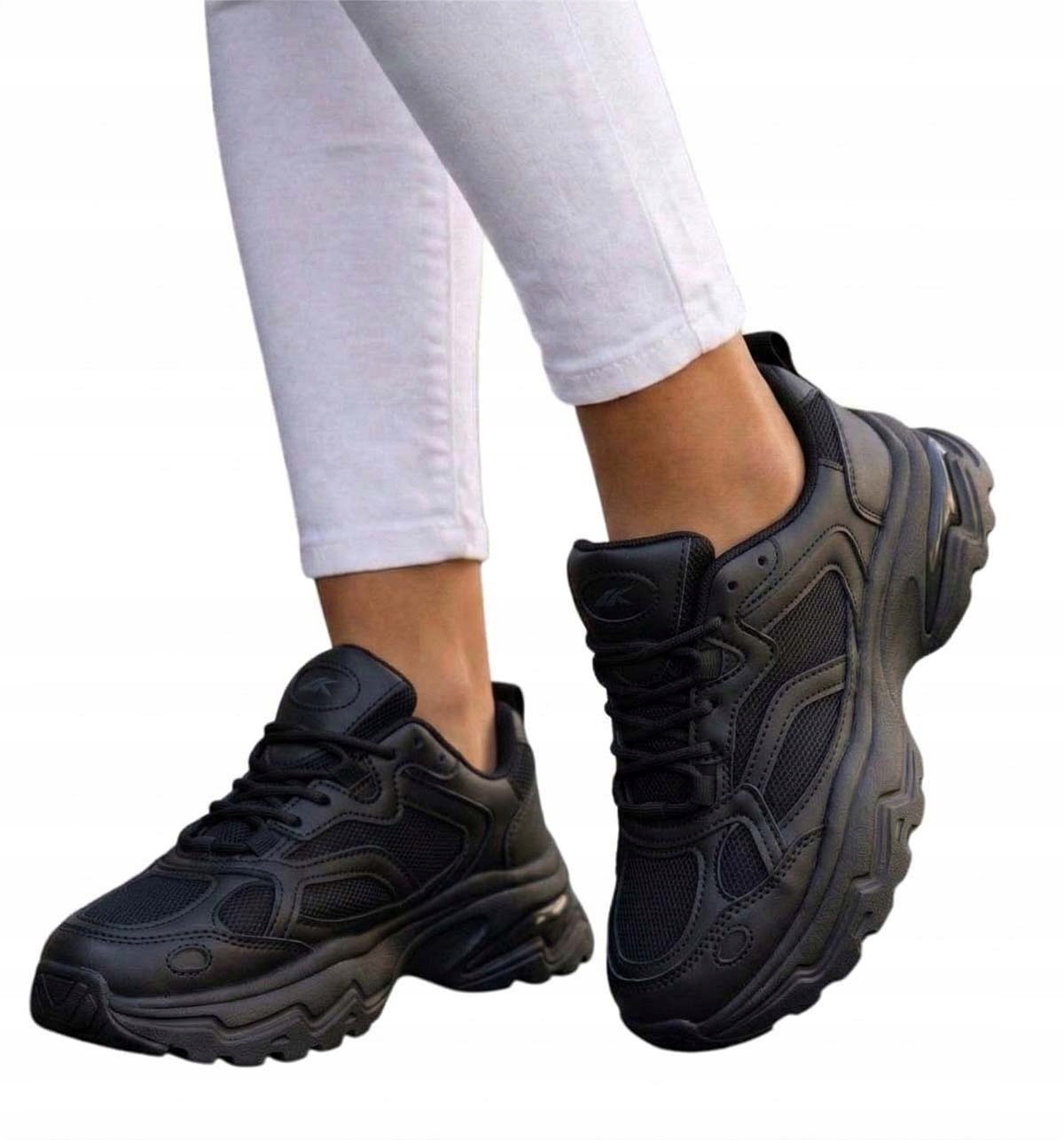 Buty damskie sportowe czarne Wiązane sneakersy platforma 18658 41