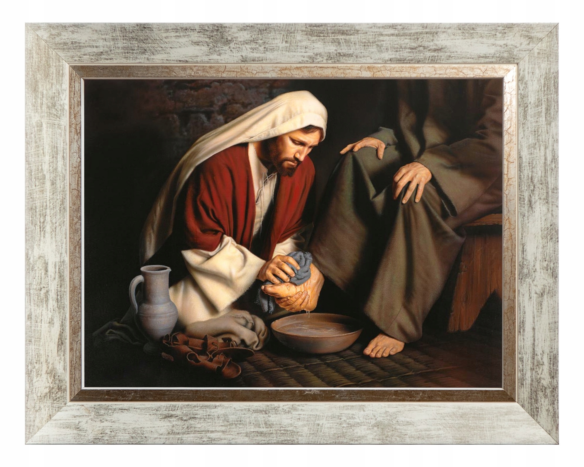 Ježíš, Který Si Myje Nohy Náboženský Obraz Na Plátně V Bílém Rámu 30X40