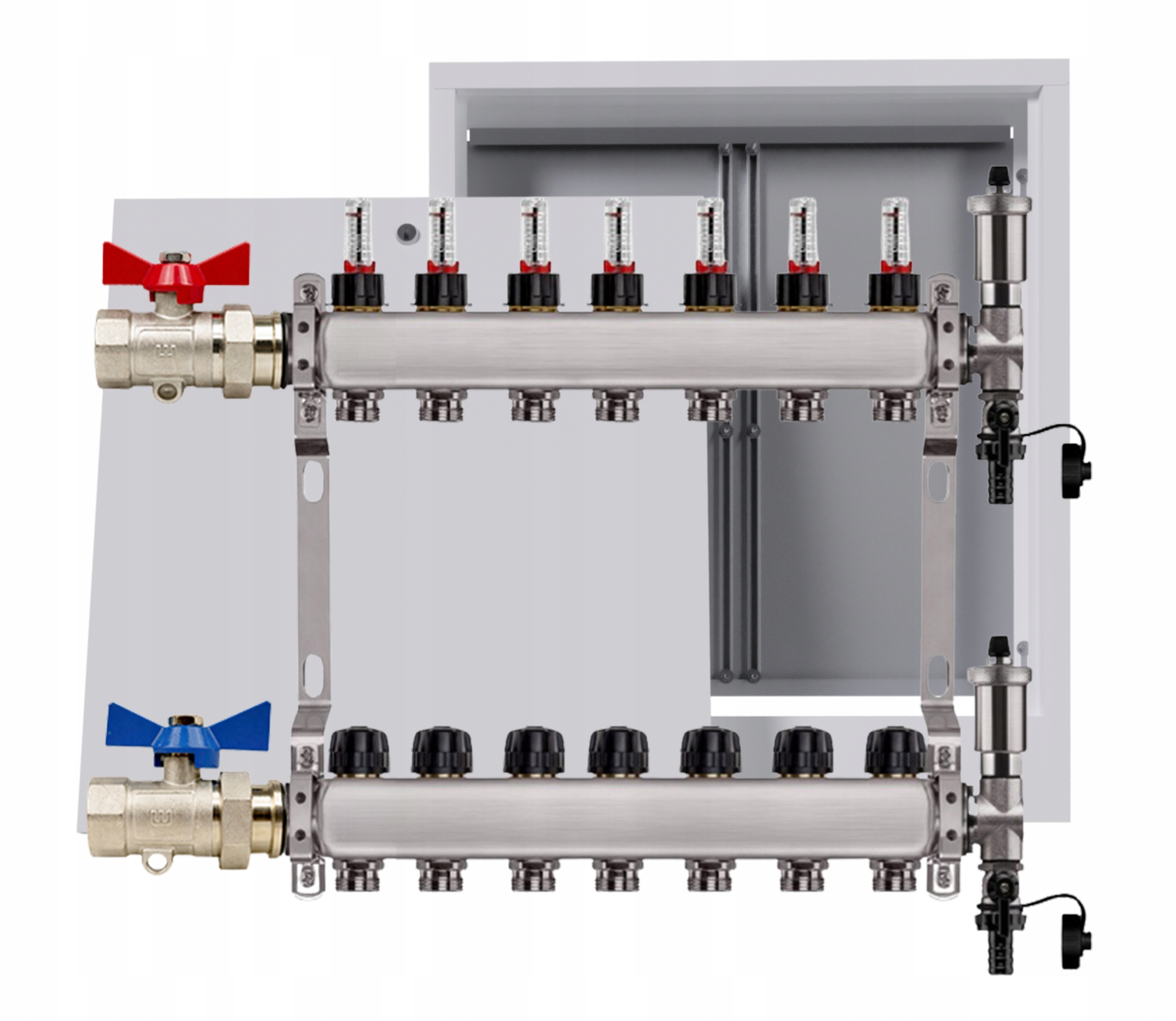 Nerezový rozdělovač na podlahu 7 okruhů nástěnná skříňka ventily