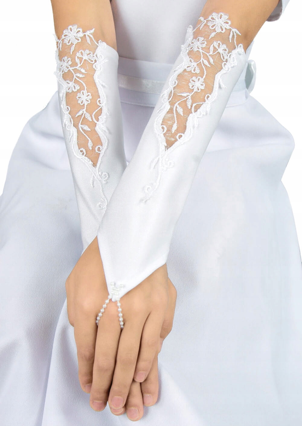Rękawiczki komunijne długie na palec dla dziewczynki koronkowe koronka
