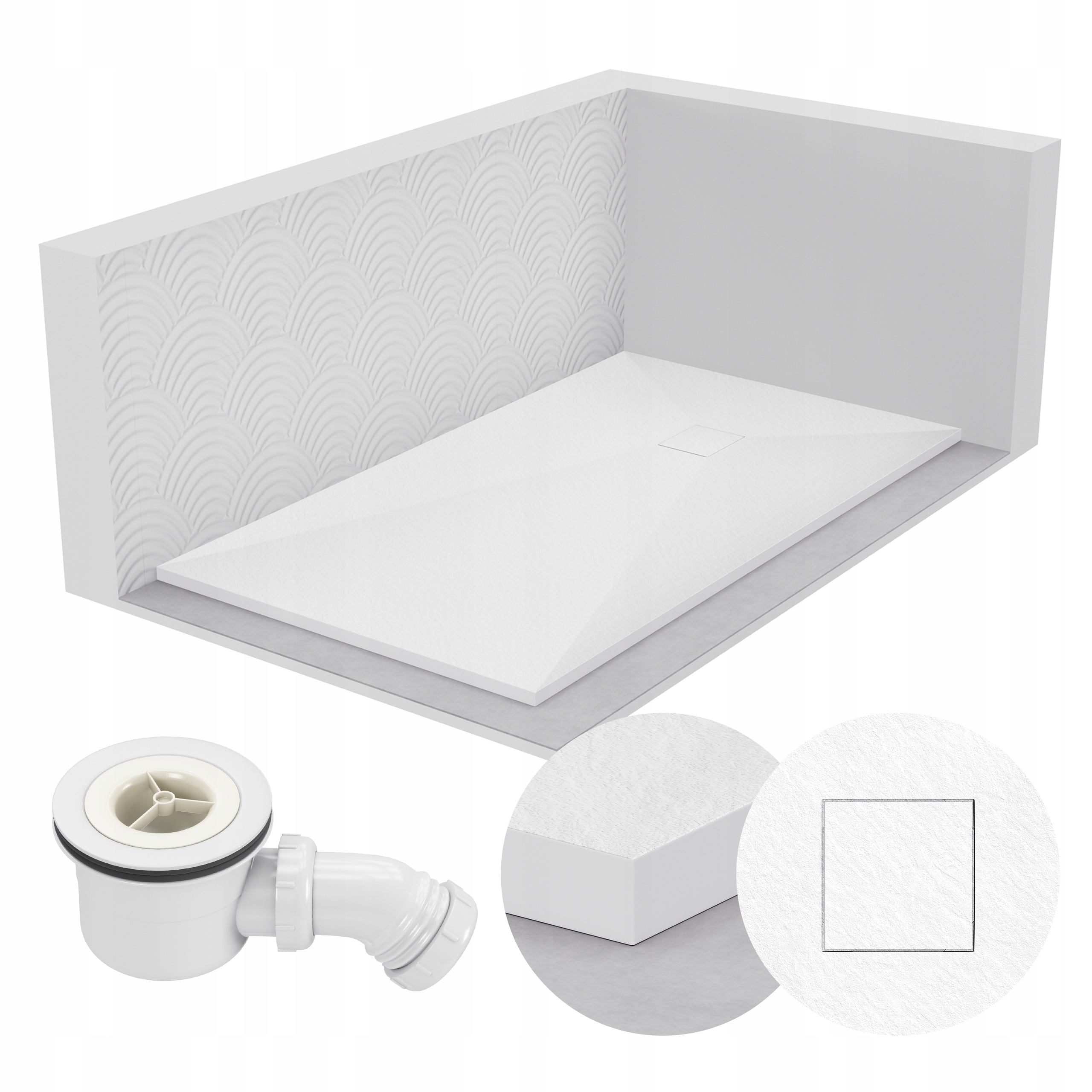 Sprchová vanička obdélníková 150x90 kamenný vzor 2,6 cm bílá sifon