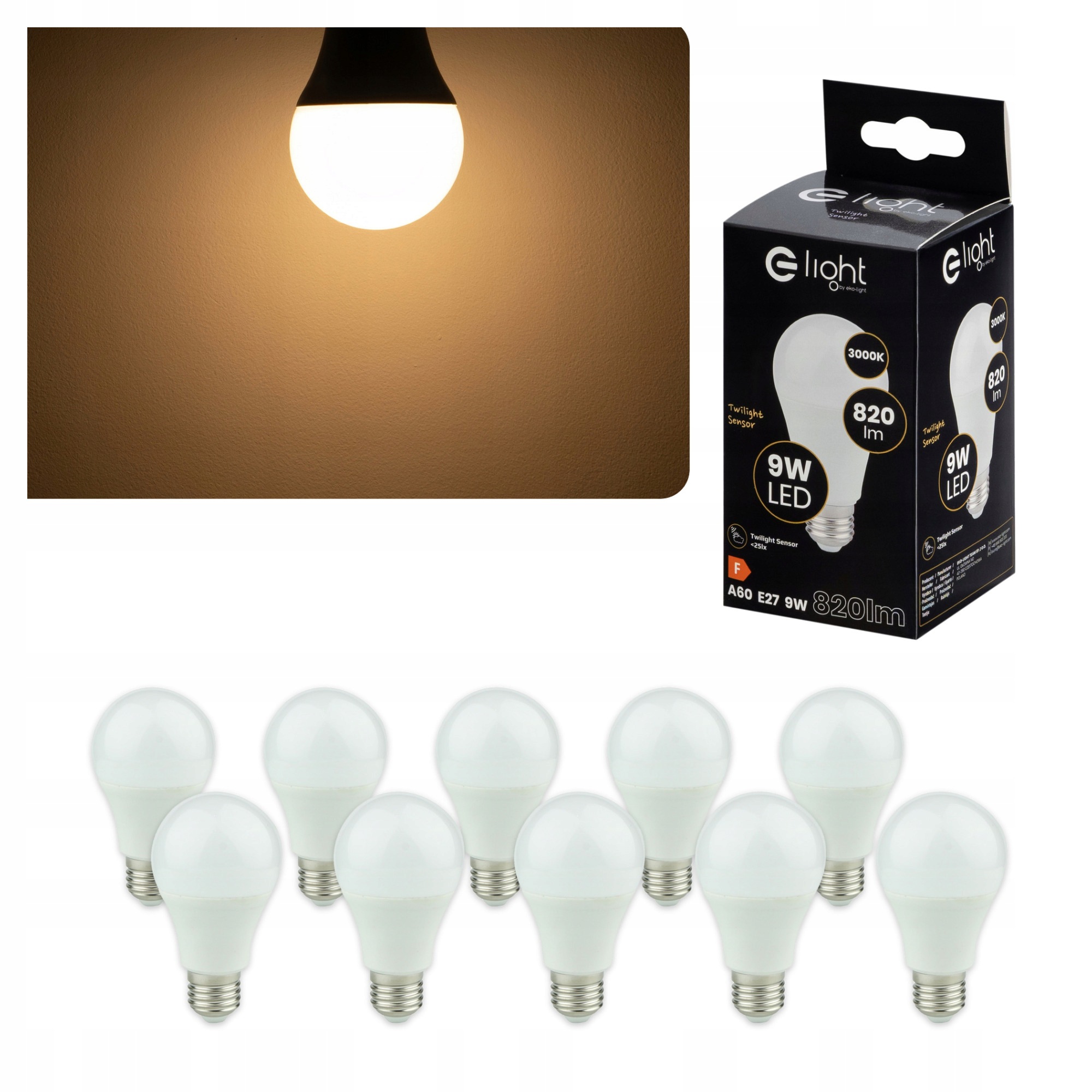 Led žárovka E27 9W 820lm 3000K Eko-Light EKZA7793 A60 Snímač 10 kusů