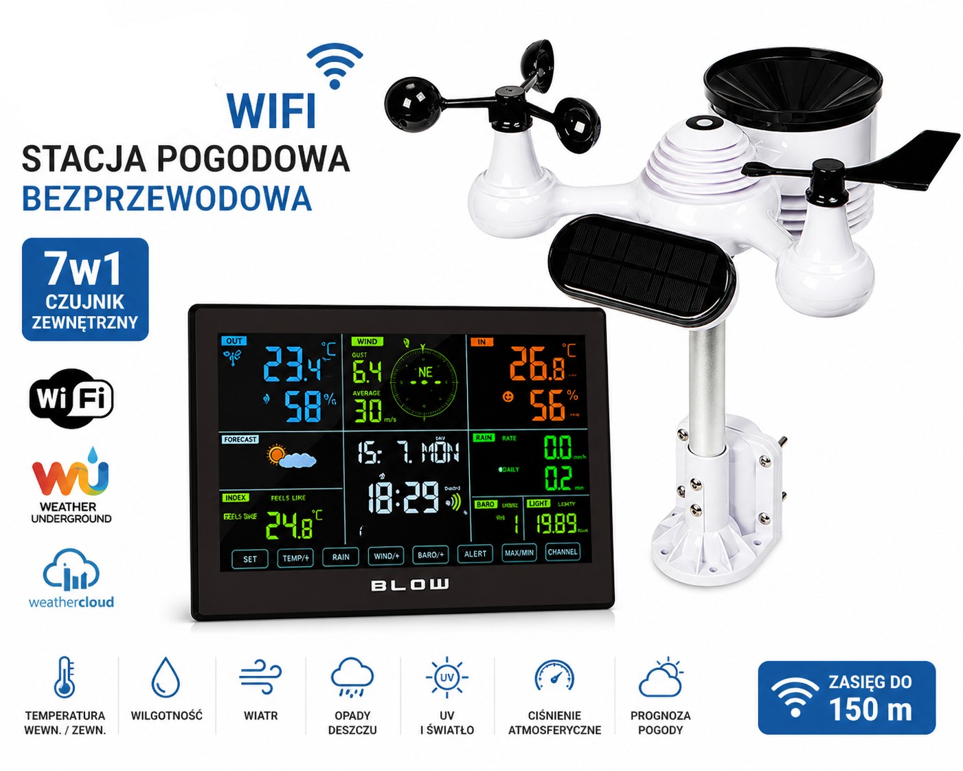Stanice počasí Wifi 7v1 Vítr Déšť Uv Venkovní senzor
