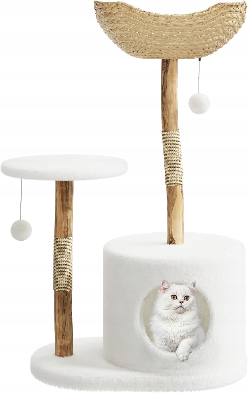 Škrabadlo z masivního dřeva s ratanovým lehátkem a 2 platformami, 109 cm