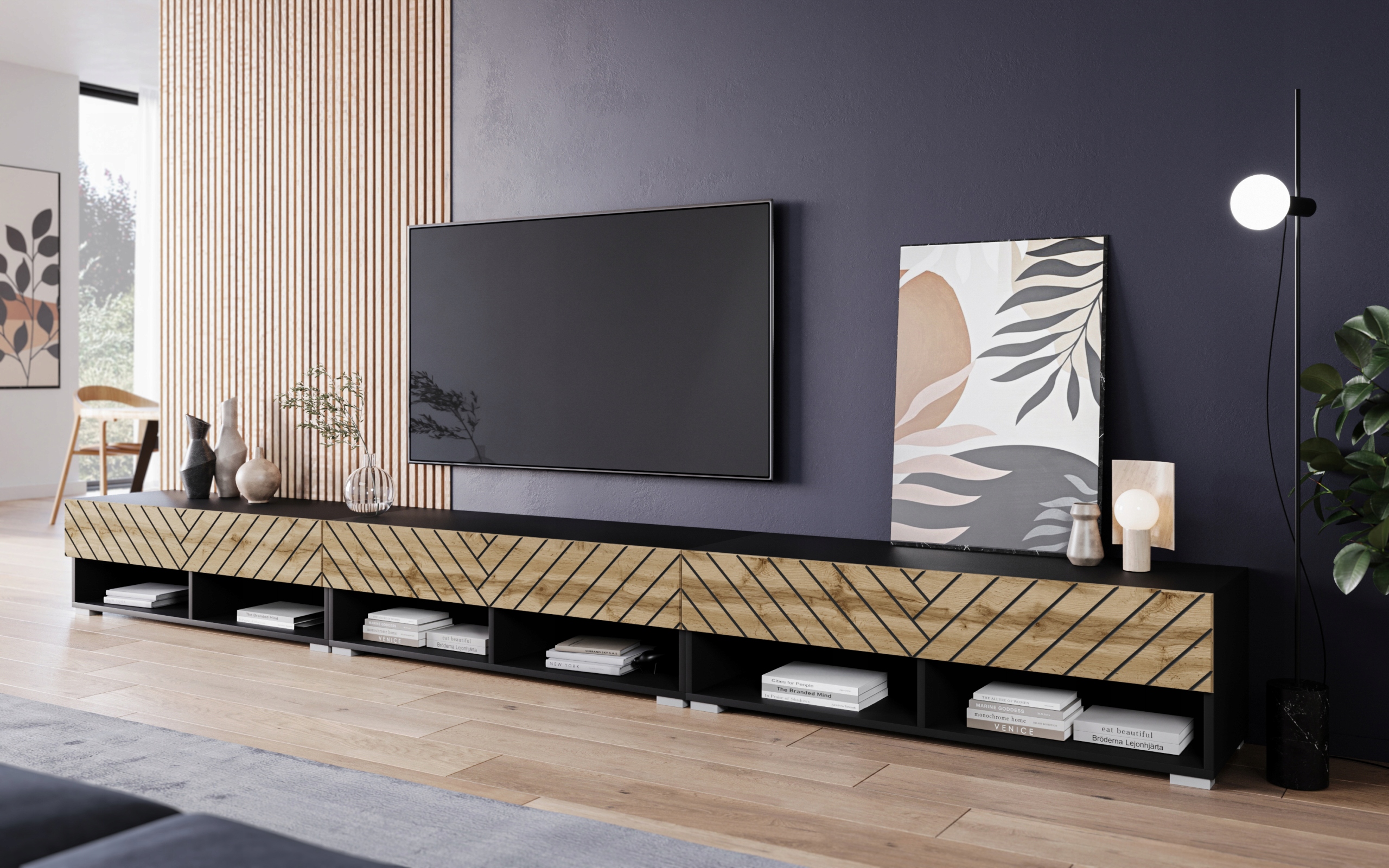 Nowoczesna szafka pod TV APOLLO I 300 cm, Lowboard MDF, komoda RTV, jodełka