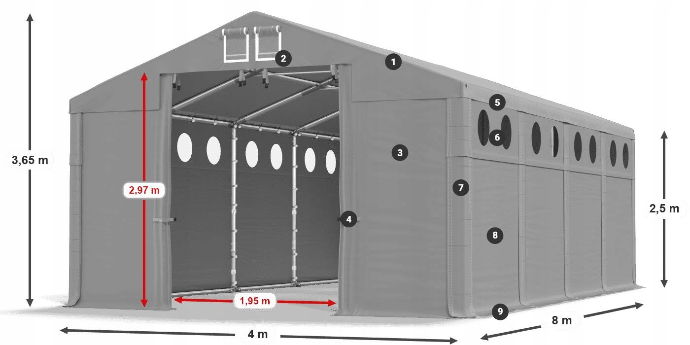 Namiot Magazynowy 4x8m [2,5m] Pawilon DAS 560 W Szerokość 4 m