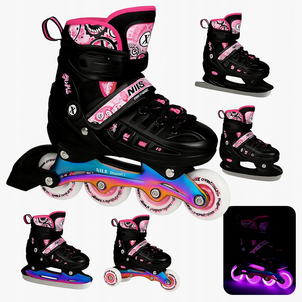 Rolki Regulowane Nils Extreme NH10905 4w1 Led Różowe 35-38 Łyżwy Rainbow