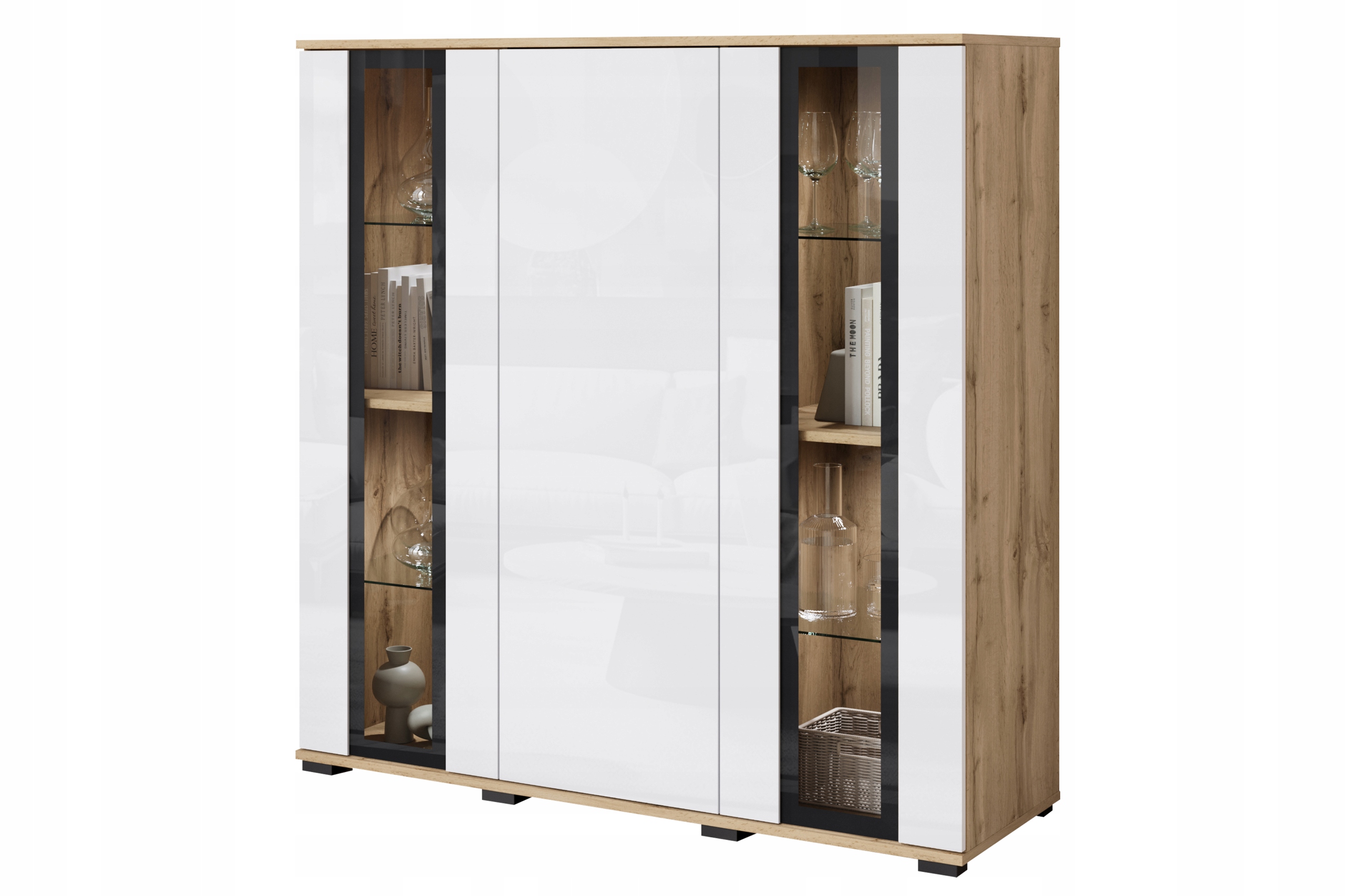 Moderní vysoká vitrína 120 cm s prosklením wotan/bílý lesk s Led