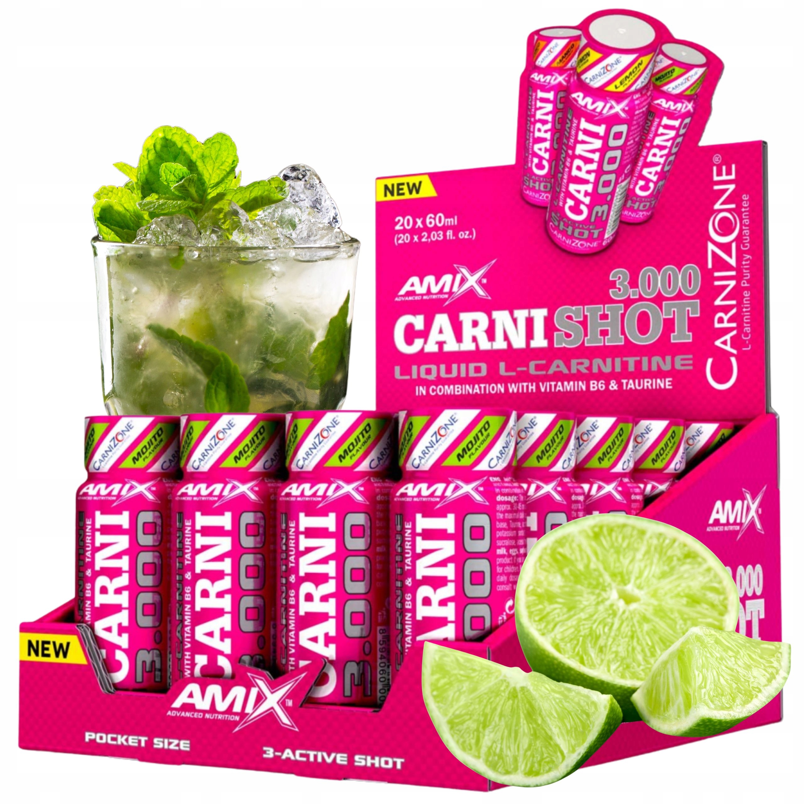 L Carnitine 3000 Shot Karnitin pro ženy Taurin Vitamín B6 Mojito 60 Ml
