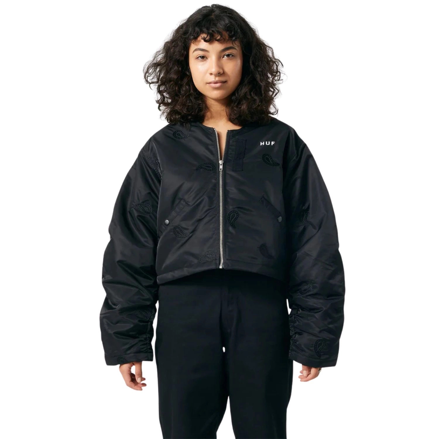 Dámská bomber bunda Huf Paisley, černá, krátká, módní, s nášivkami vel. S