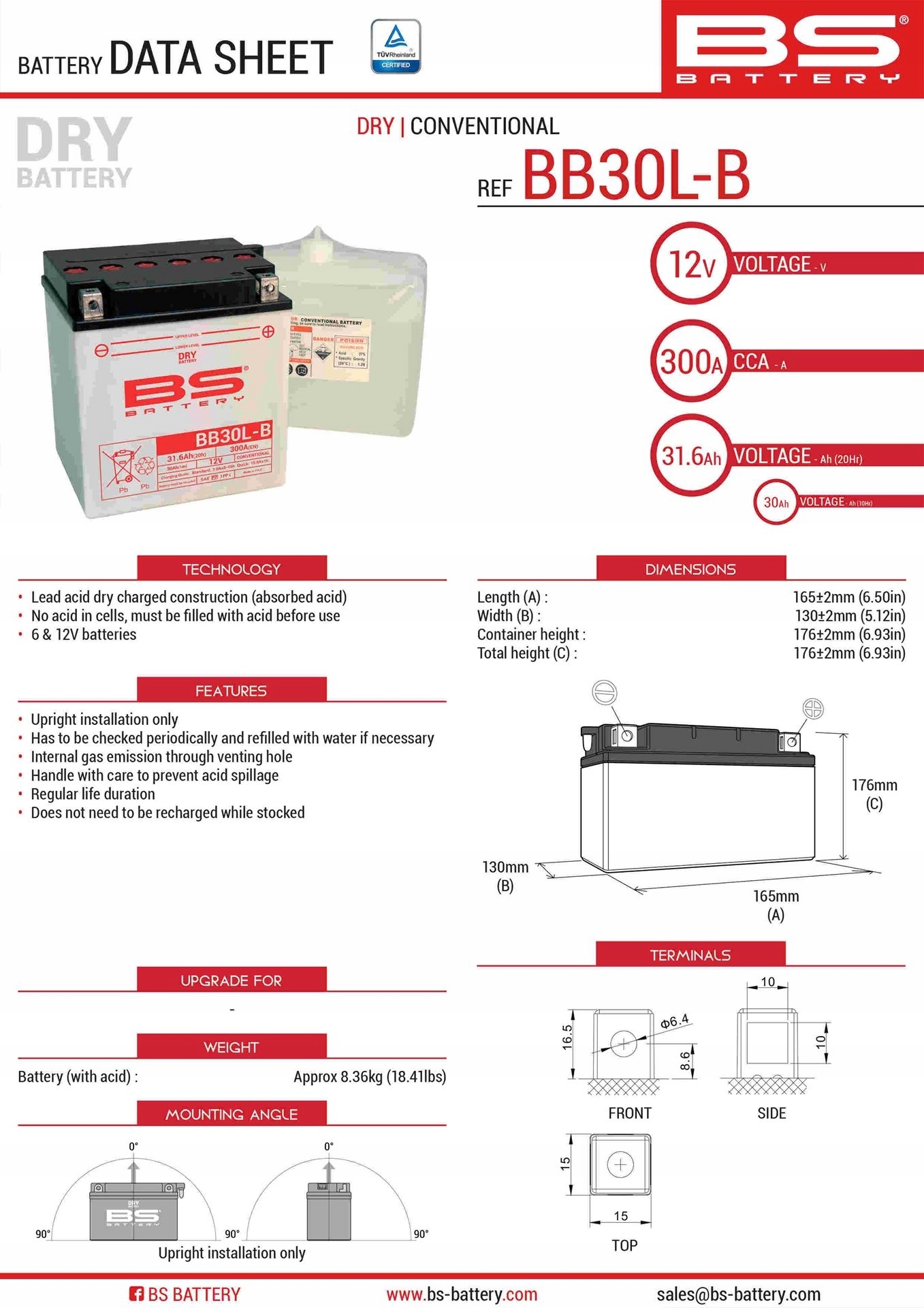 Bs Batéria BB30L-B (YB30L-B) 12V 30AH 168X132X176 Podpora Elektrolyt
