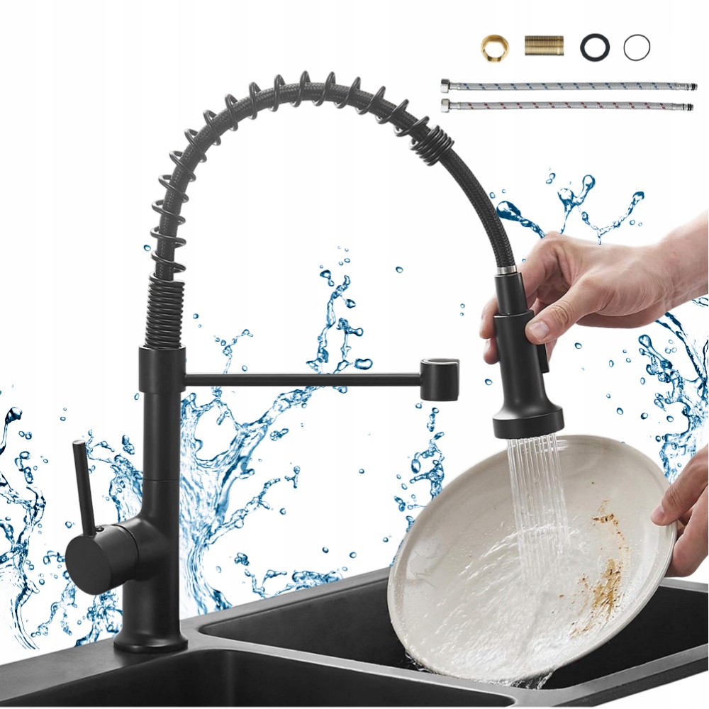 Vysoká Kvalita Kuchyňské Baterie Nerezová Ocel Černá S Hadicí 60 CM G3/8