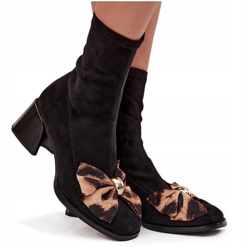 Dámské Kotníkové Boty podpatkem a Mašle mašlí, eko semiš D&a JC52-827, černé 37