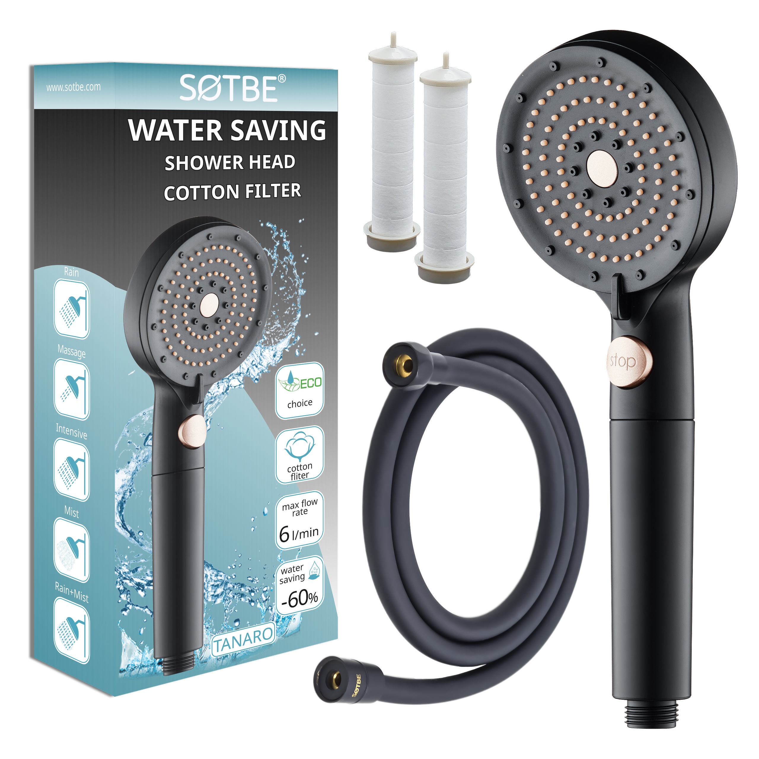 Sprchová Hlavice s filtrem Hadice 150 cm černá hladká Sada