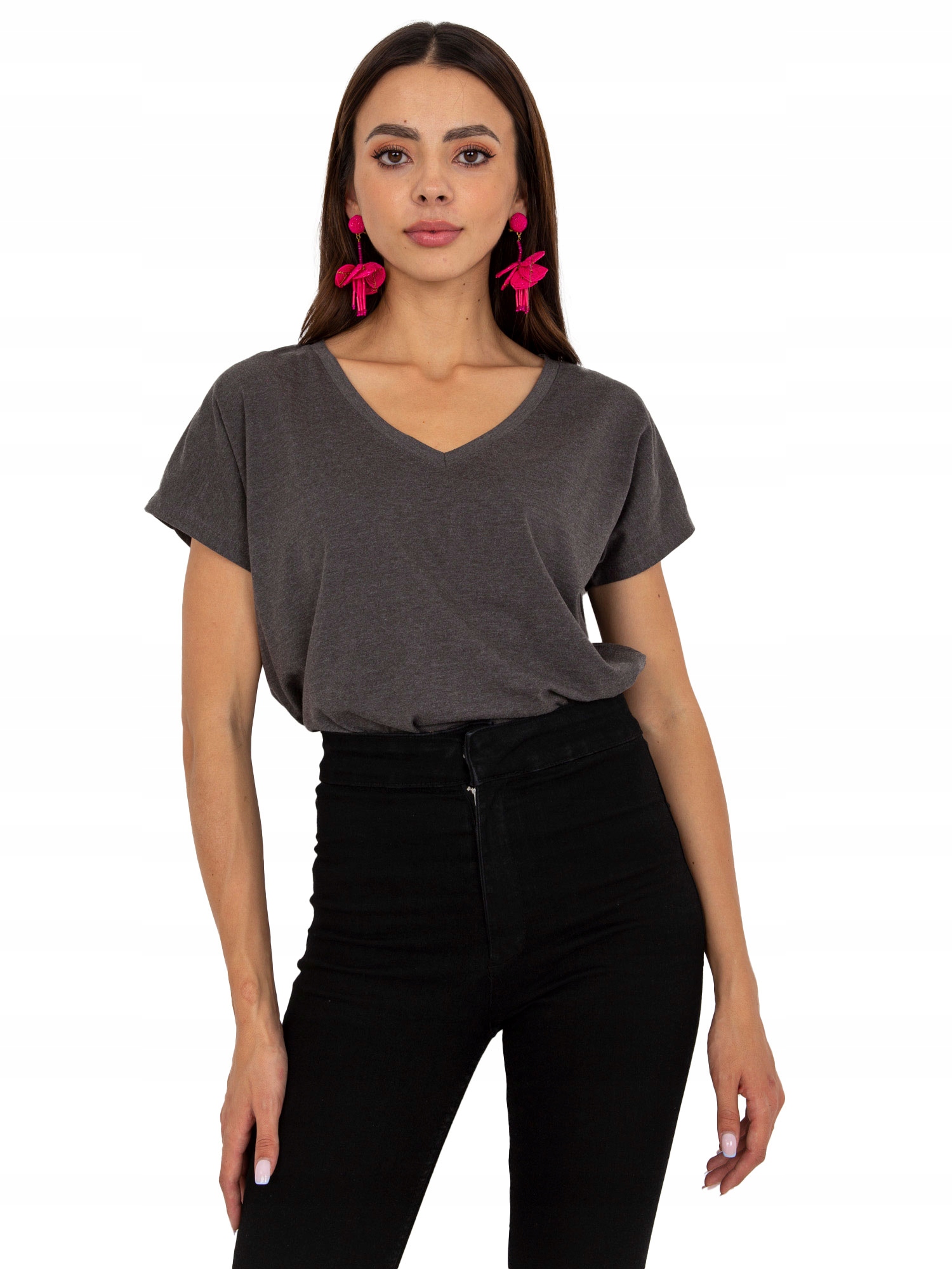 

Damski t-shirt basic z dekoltem w serek M